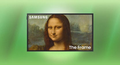 A Samsung The Frame TV with the Mona Lisa on the screen against a green background.