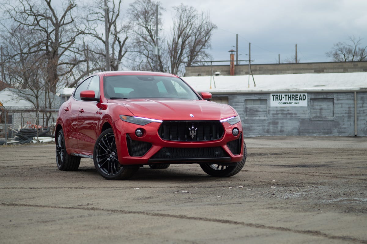 2022 Maserati Levante Trofeo in red, seen from the passenger side front eighth