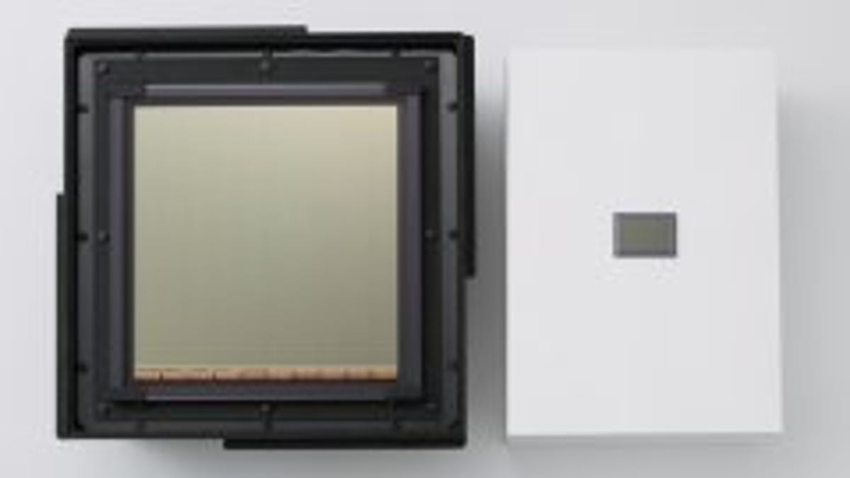 Canon's 202x205mm image sensor, left, dwarfs even the full-frame 36x24mm sensor to the right, a large model by conventional industry standards.