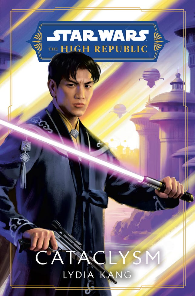 Axel Greylark wields a purple-bladed lightsaber and a blaster on the cover of Star Wars: Cataclysm