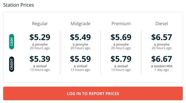 A GasBuddy screen showing lower prices for cash than credit