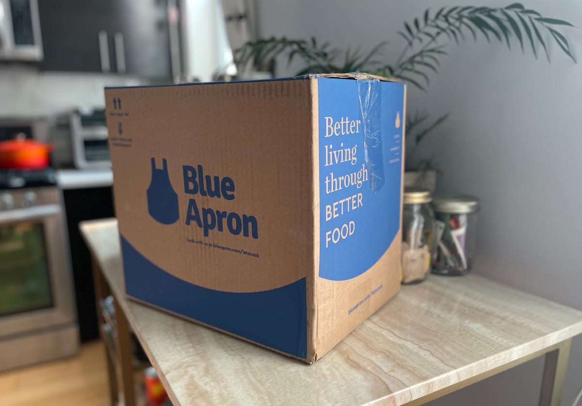 blue apron box on counter