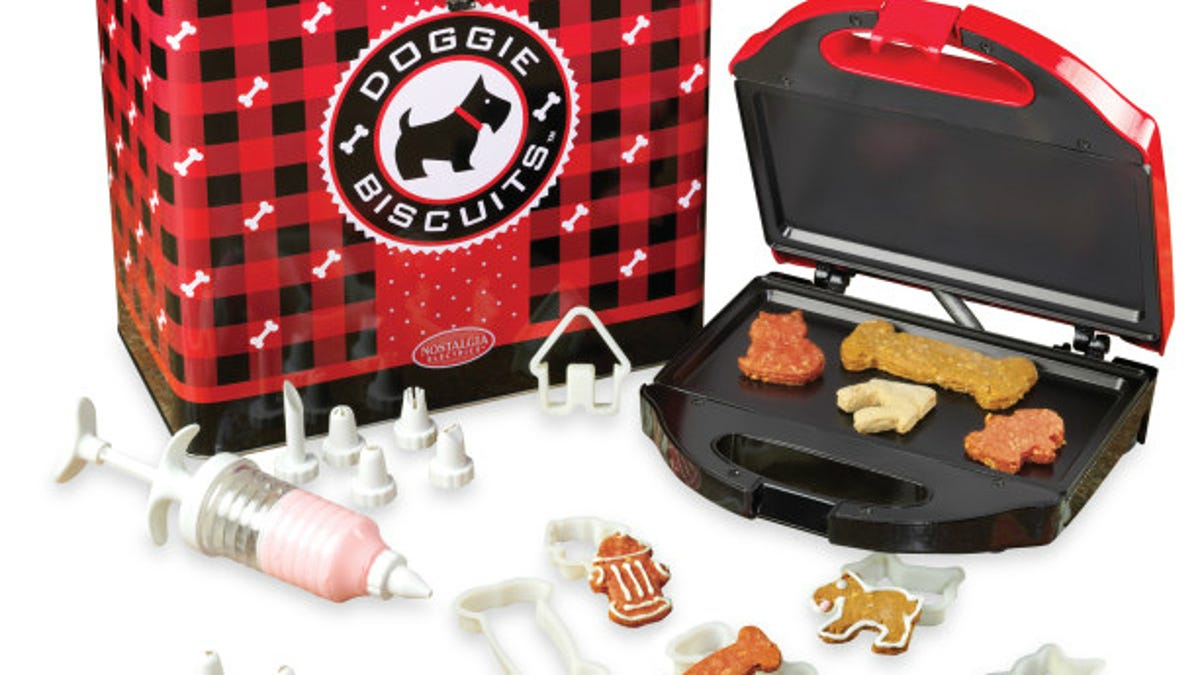 The Nostalgia Electrics DBM200 Dog Biscuit Treat Maker Kit will draw the attention of the family pooch.