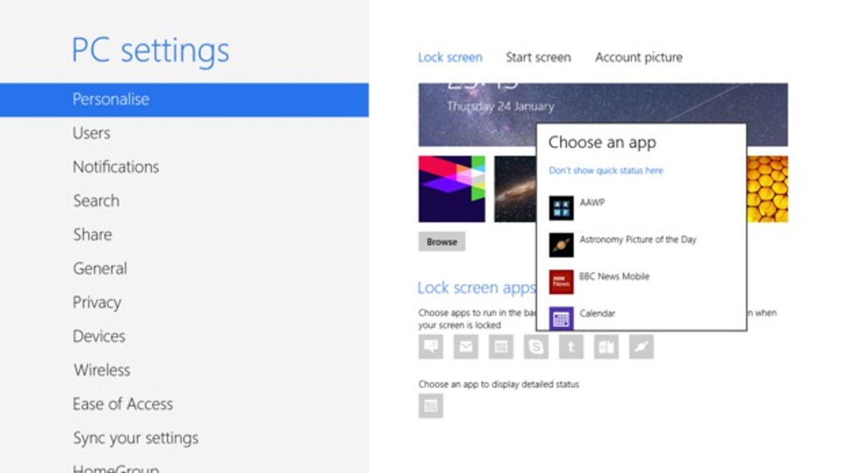 Windows 8 personalisation Lock-screen apps