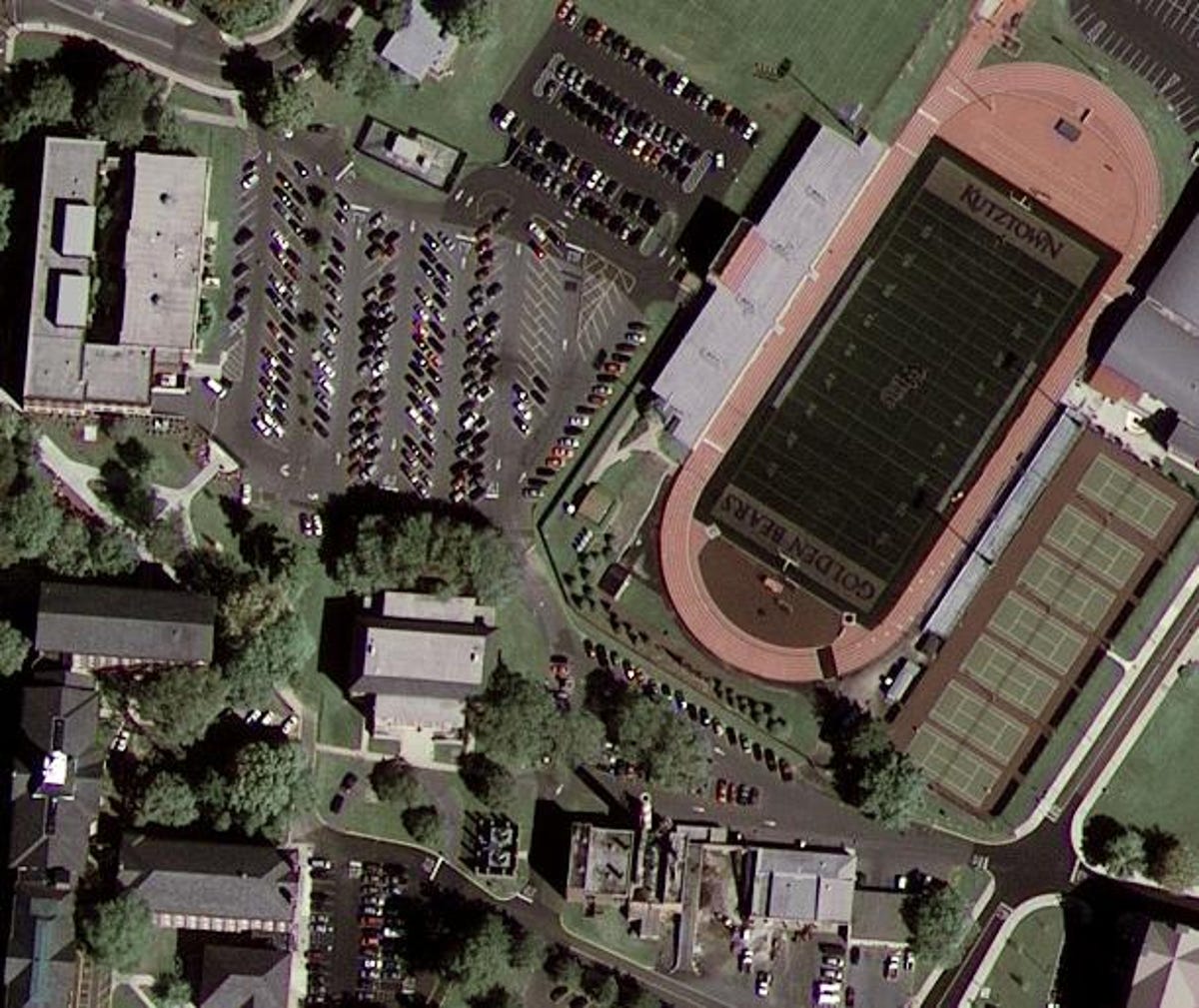 This shot of Kutztown University in Pennsylvania is the first image from the GeoEye-1 satellite. Google is a commercial customer for the satellite's imagery. Click for a larger view.