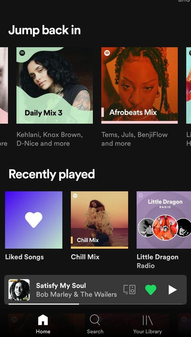 Spotify screen showing rows for "Recently played" and "Jump back in" playlists