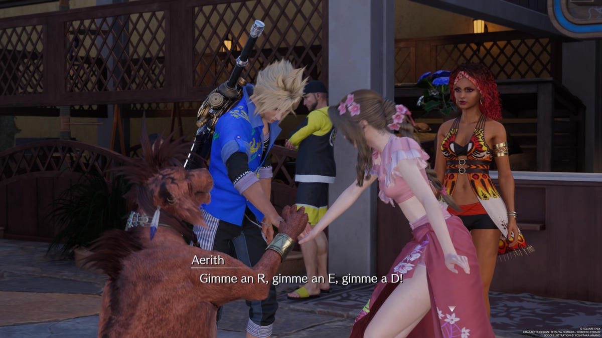 A man, a woman and a dog-lion (Red XIII) put their hands and paws in the middle for a sports cheer. 