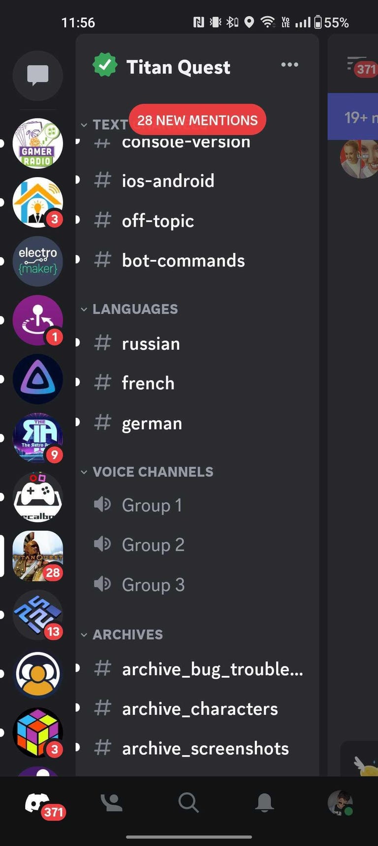 screenshot of Discord channels organized by function: text, voice, archive