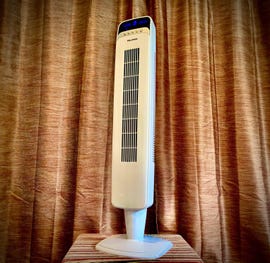 A white Pelonis tower fan.