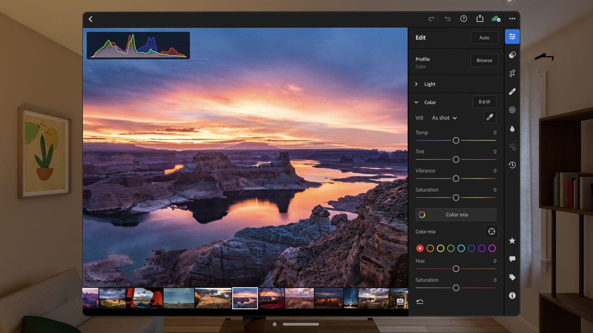 A screenshot of Adobe Lightroom photo editing in a virtual window shown with Apple Vision Pro