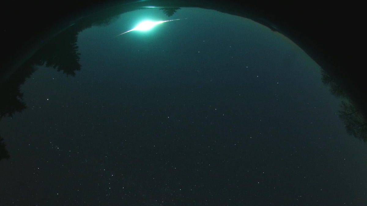 A Taurid fireball and many stars seen in a fish-eye view of the sky