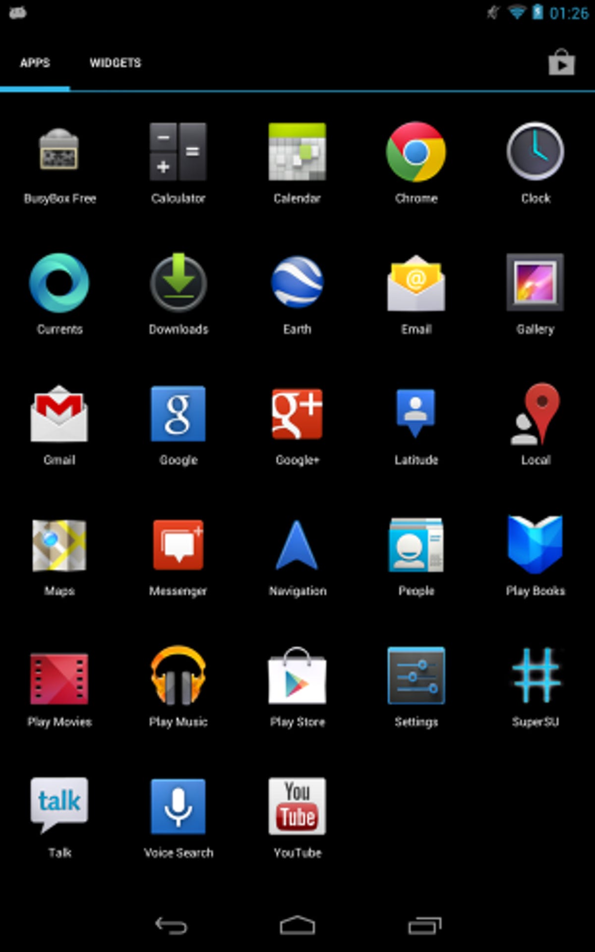 The Nexus 7's app grid as two new additions: Busybox and SuperSU