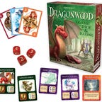 Dragon wood card game with 3 red dice and pretty cards