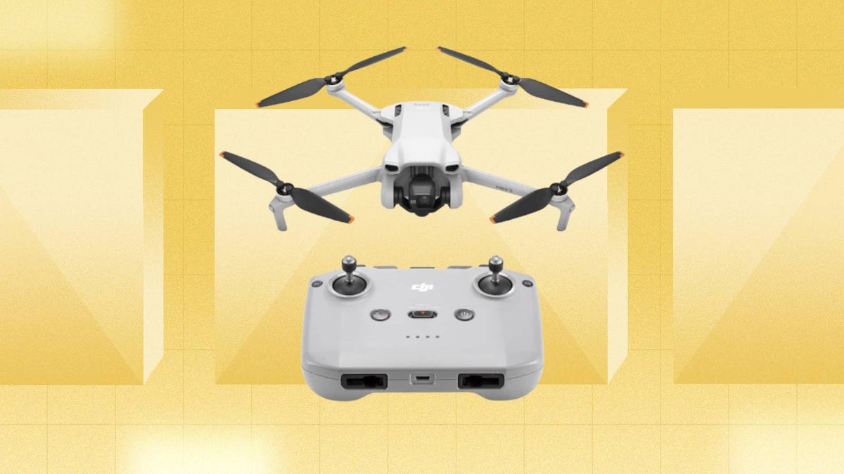 The  DJI Mini 3 drone and controller are displated against a yellow background.