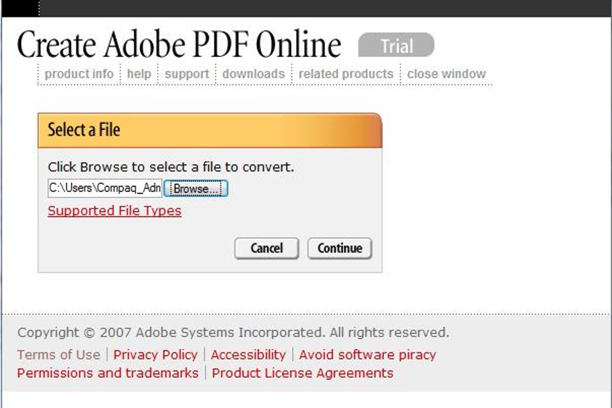 Create Adobe PDF Online file-selection window