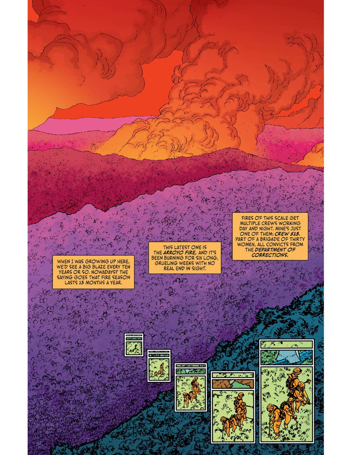Comic page of wildfire in California mountains