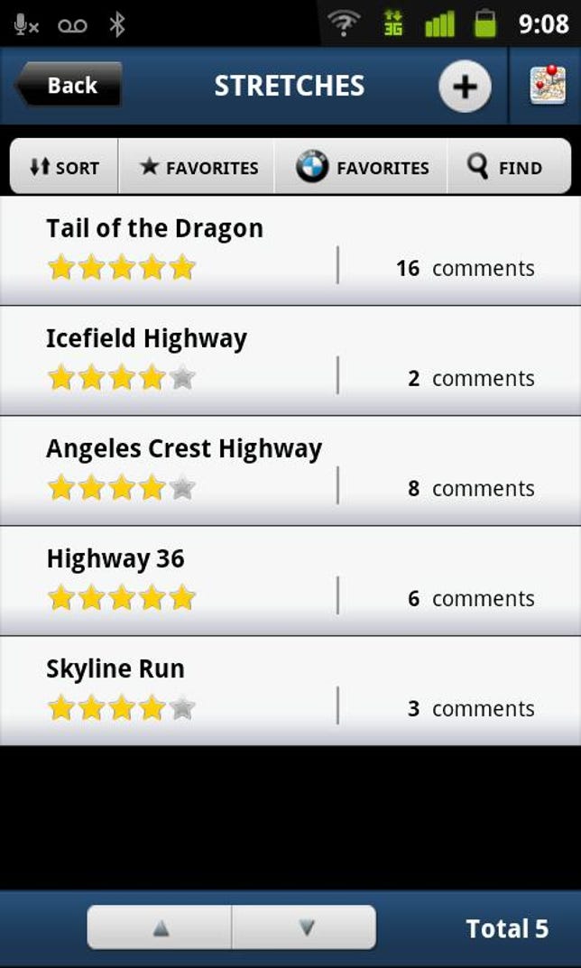 A list of drive stretches in BMW Ultimate Drive app for Android.