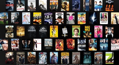 Many movie posters on black background, with credit to studios at the bottom