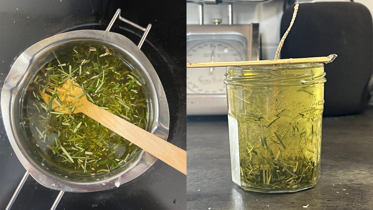 Candle Making: Heating Wax and Herbs in a Pot and a Cup with a Wick
