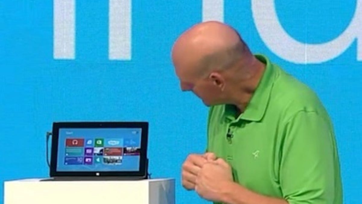 Microsoft CEO Steve Ballmer demonstrates the Surface tablet at the Build Conference today.