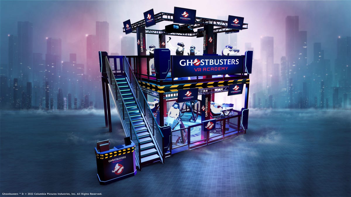 A two-level building with the name Ghostbusters VR Academy.