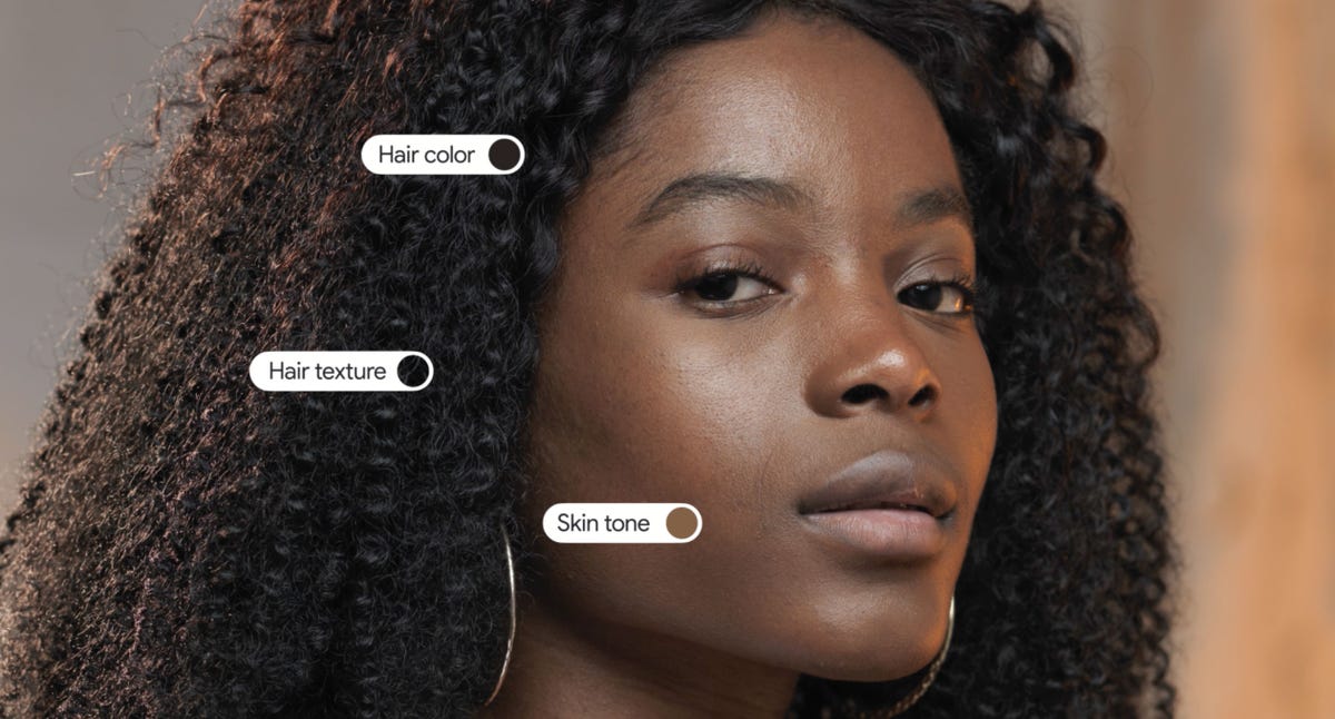 Google Skin Tone schema illustration of a Black woman's face with labels on her hair and cheek