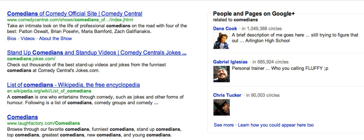 These are the top results for "comedians" on Google with the new social search enabled.