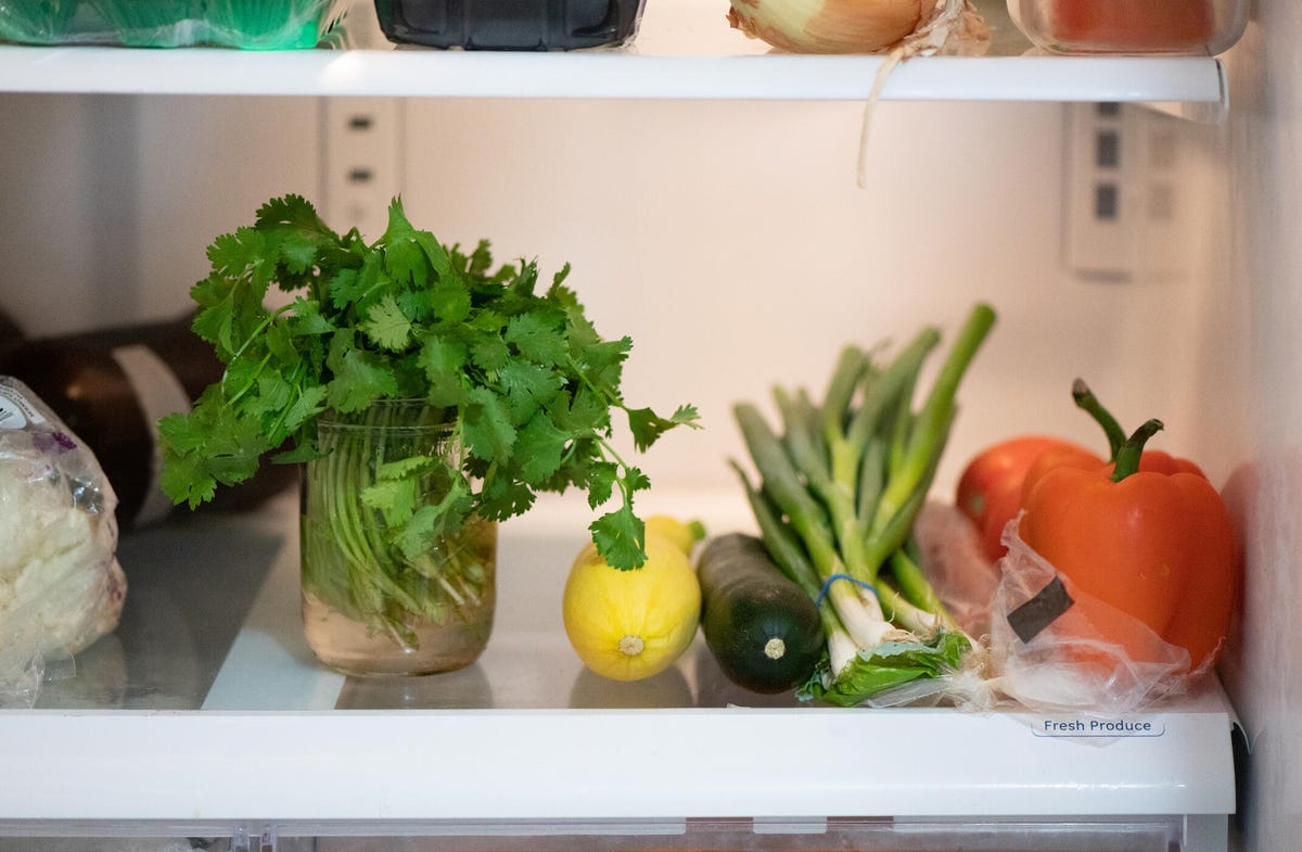 herbs and vegetables in fridge