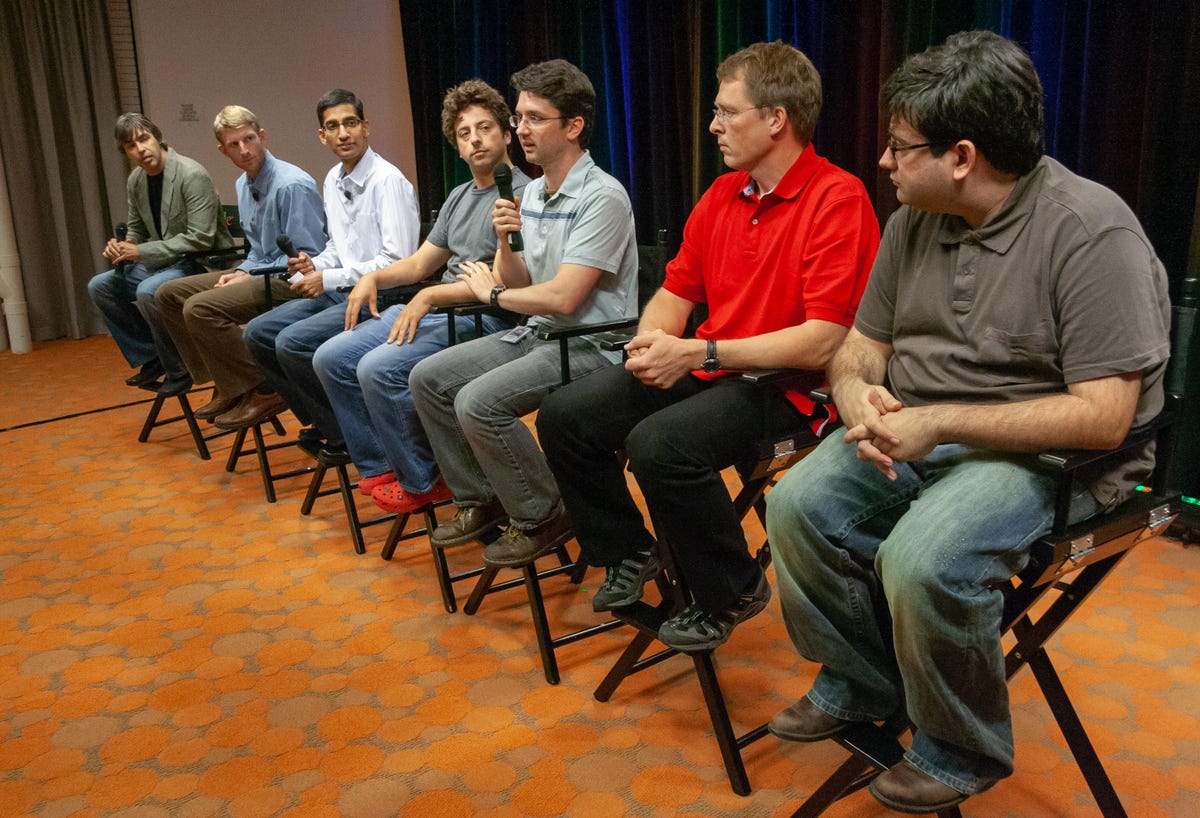 From left to right are Larry Page, Brian Rakowski, Sundar Pichai, Sergey Brin, Darin Fisher, Lars Bak and Ben Goodger. Page and Brin are Google's co-founders.