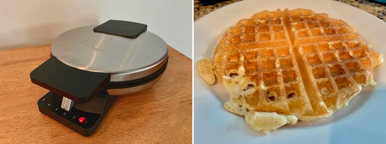 A closed stainless steel waffle maker/ A plain waffle on a white plate.