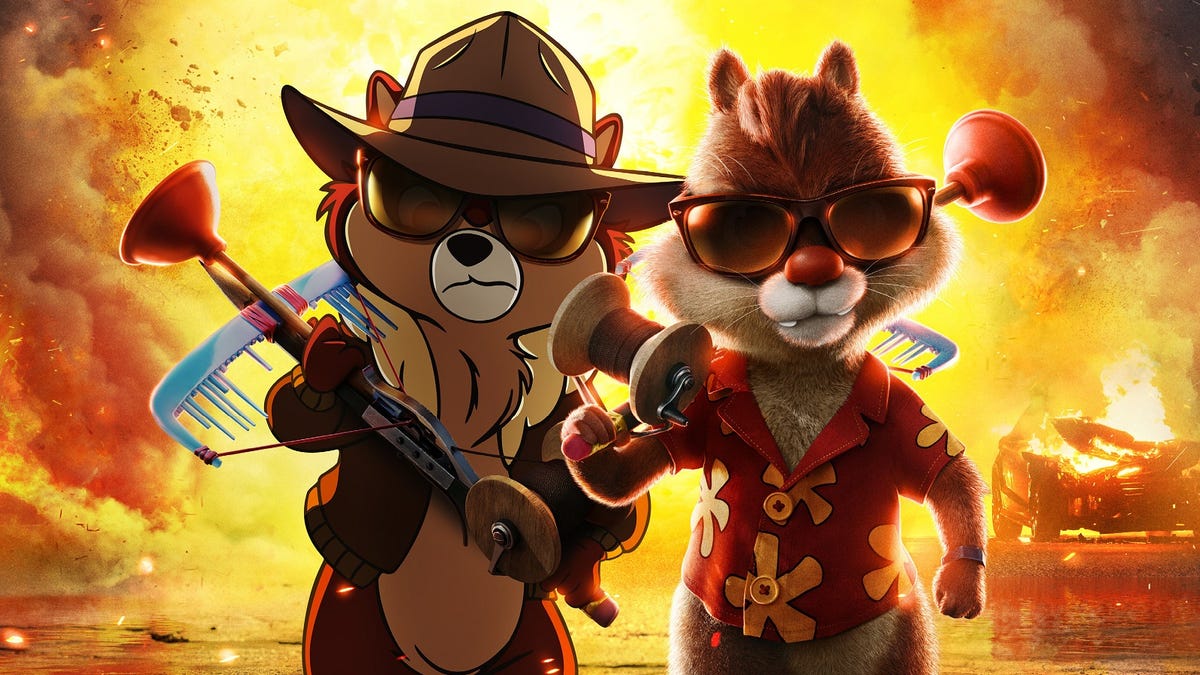 A movie poster for the movie shows the straightlaced Chip in fedora and leather jacket next to the laid-back Dale in Hawaiian shirt, both holding makeshift plunger crossbows and wearing sunglasses with an explosion behind them.
