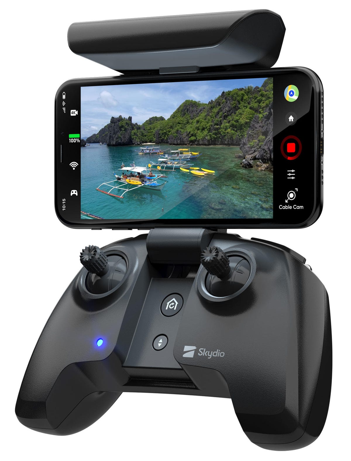 The Skydio R2 joystick controller has a spring-loaded clasp for a phone.
