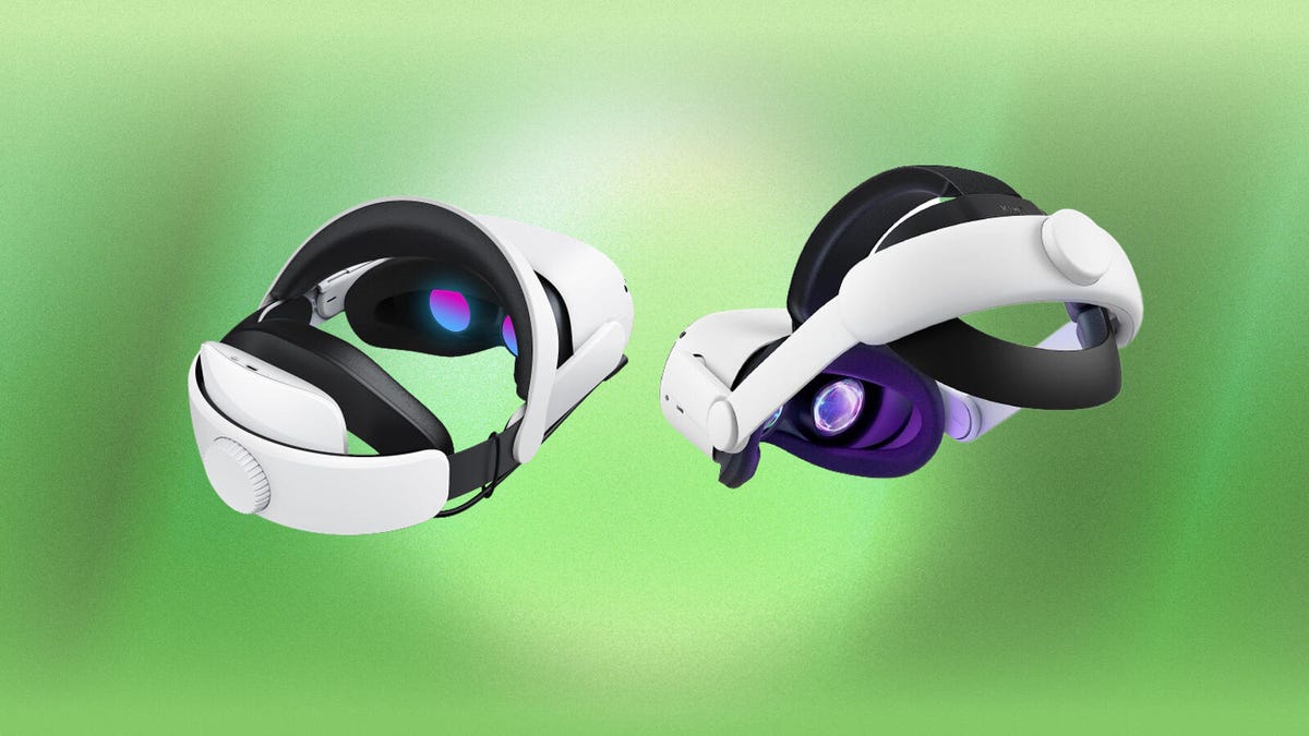 Two Meta Quest 2 headsets on a green background