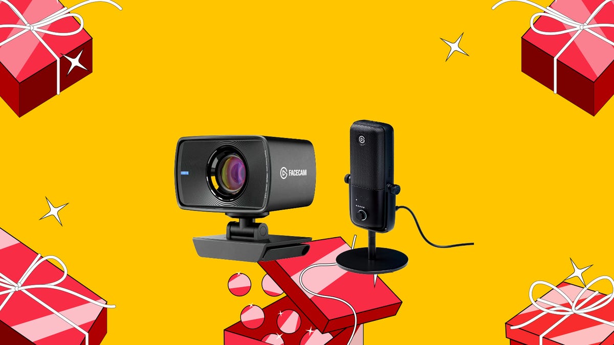 Webcam and a microphone on a yellow background