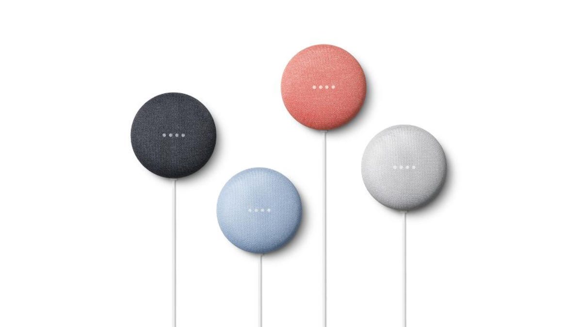 All four colors of the 2nd generation Google Nest Mini (black, blue, coral and white) against a plain white background.