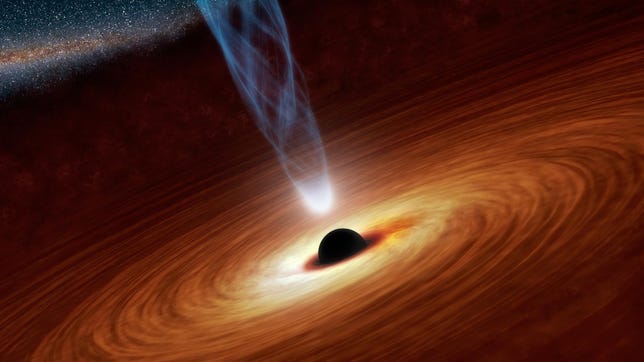 An artist concept of a black hole. The dark center of the black hole is surrounded by a bright swirl of red representing hot gas and dust.