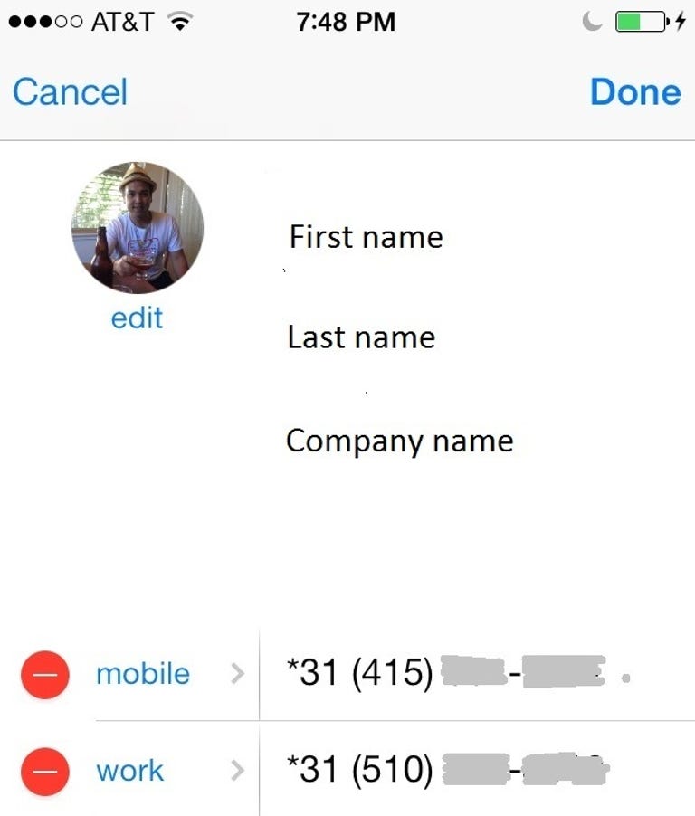 iPhone contact number with caller-ID-unblock prefix