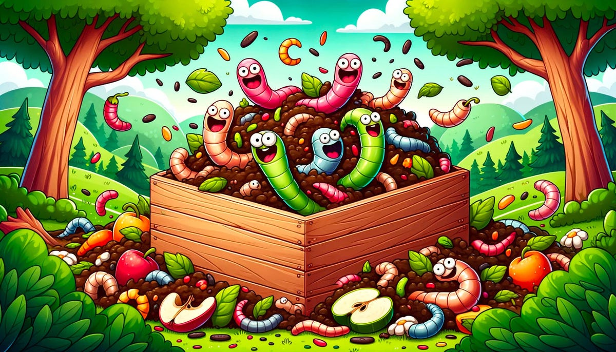 An AI generated cartoon of extremely excited worms frolicking in a compost box, with bits of leaves and fruit flying through the air around them