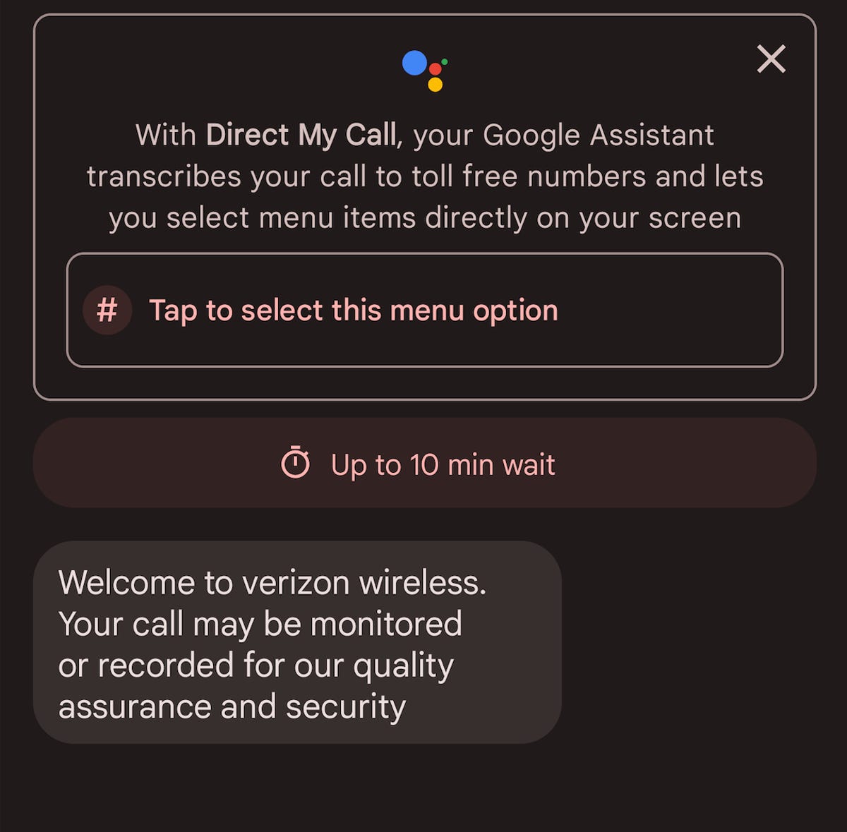 Una captura de pantalla que muestra la función Direct My Call de Google