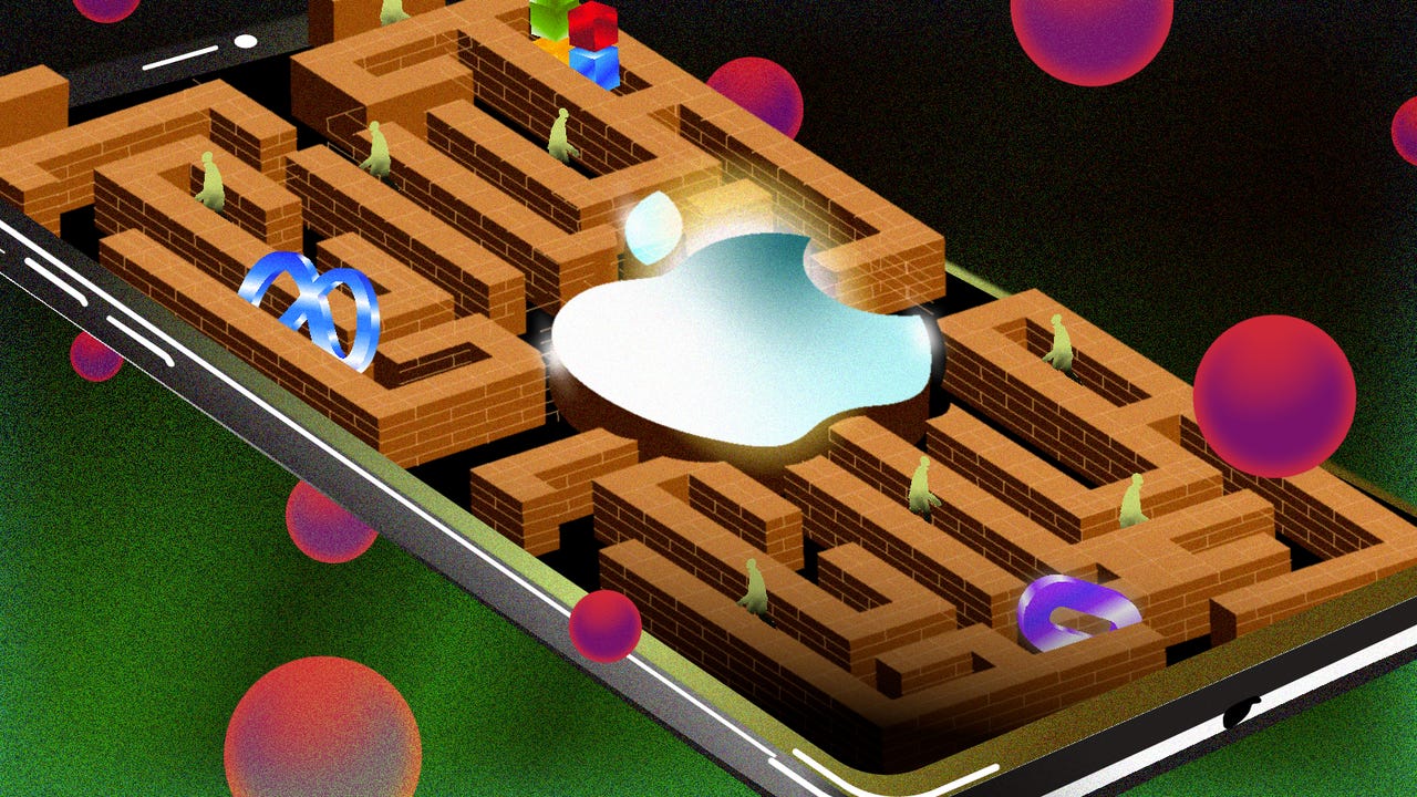 An illustration of a maze inside an iPhone with an Apple logo at the center.