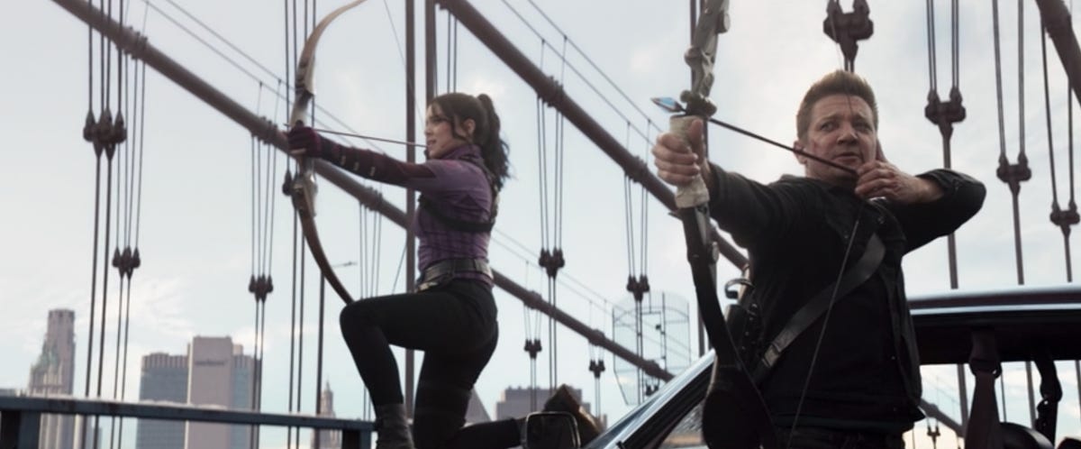 Kate and Clint on bridge in Hawkeye