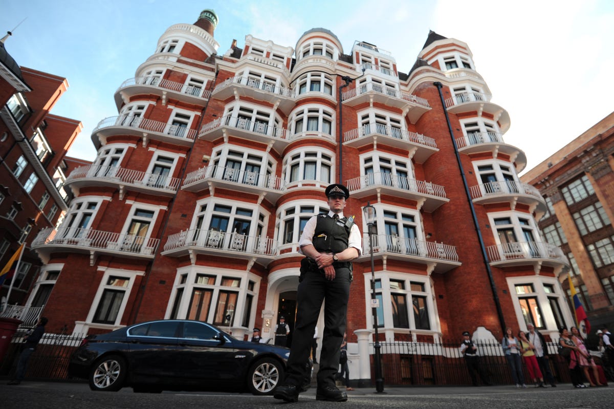 A police officer stands outside the Ecuadorian Embassy in London.