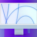 Light blue Apple iMac with Apple M1 (2021) on a gradient purple background