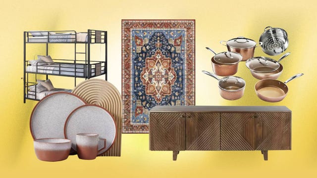 0A bunk bed, a rug, a cabinet and cookware are displayed against a yellow background.
