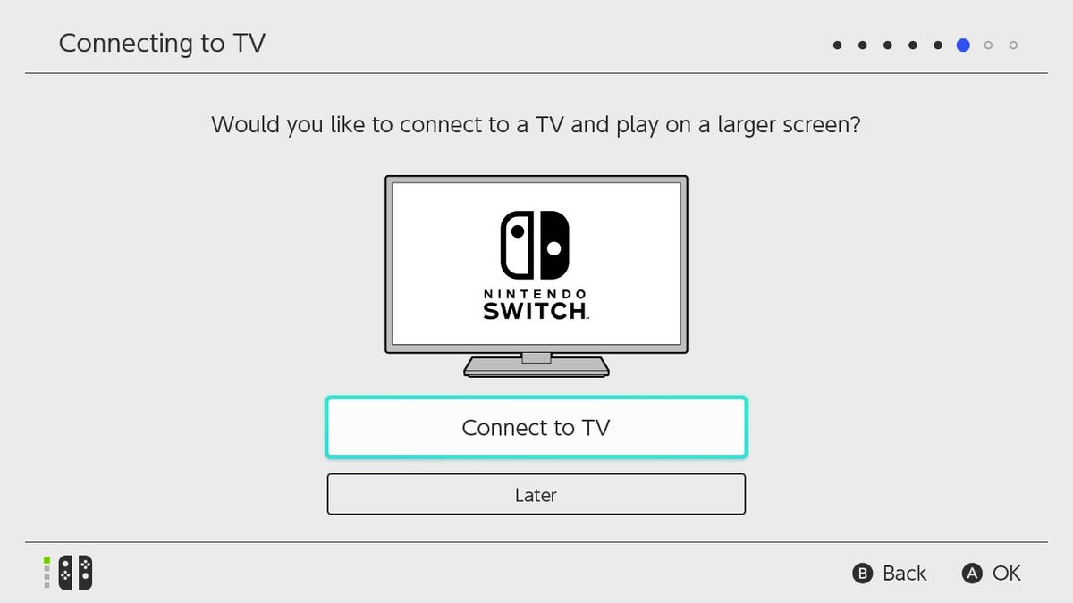 Switch OLED connecting to TV screen: "Would you like to connect to a TV and play on a larger screen?" with "Connect to TV" and "Later" Prompts