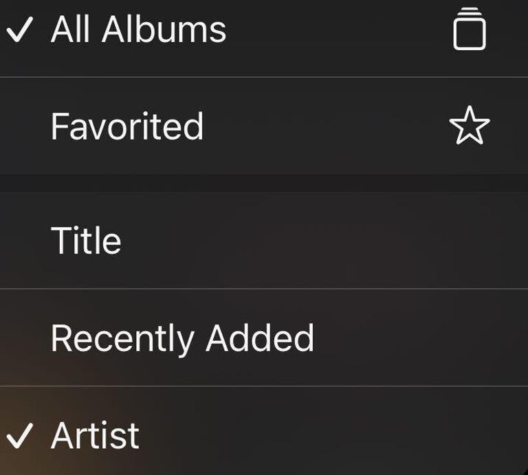 Options for All Albums, Favorited, Title, Recently Added and Artist in Apple Music