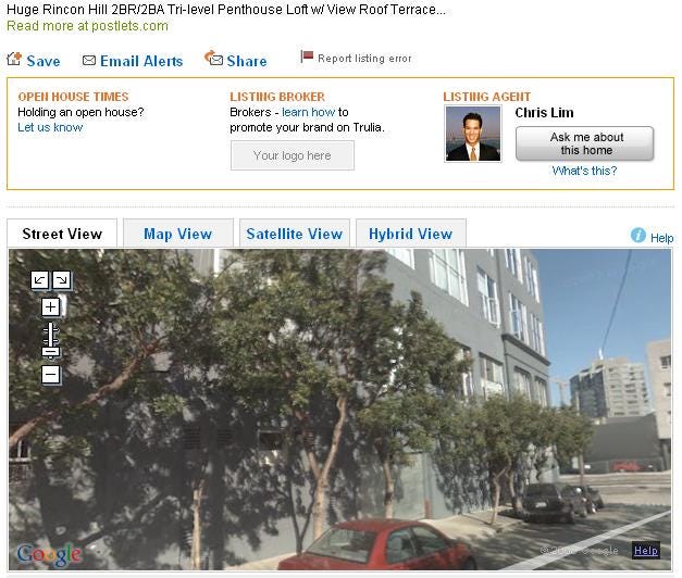 Trulia builds a Google Street View into its real estate search results in areas where it's available, letting people check the neighborhood of a property for sale.