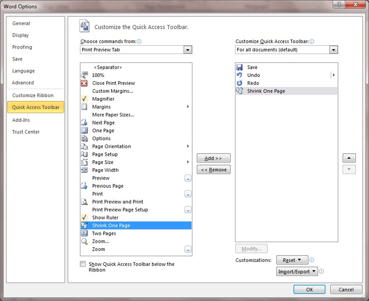 Microsoft Word 2010 Customize Quick Access Toolbar options