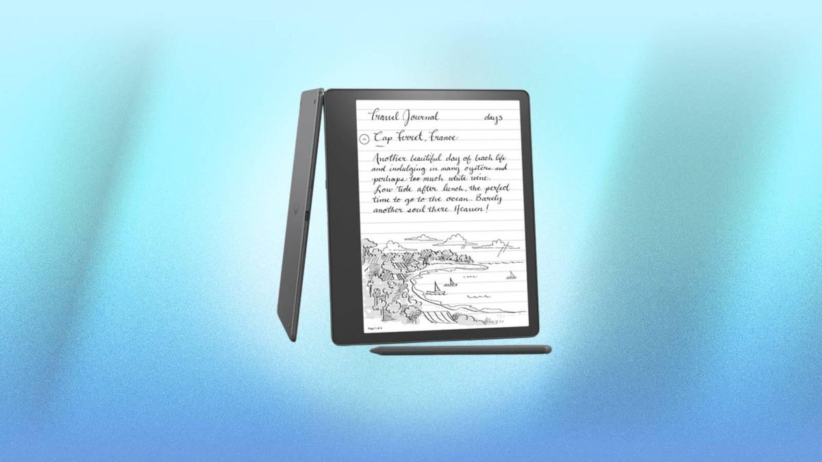 Amazon&apos;s Kindle Scribe is displayed against a blue background.