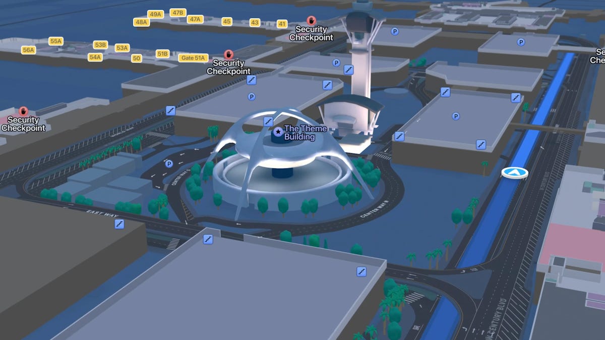 A 3D map view of an airport.